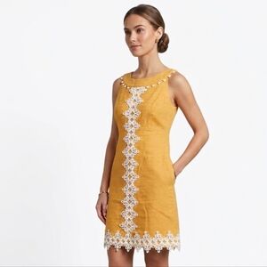 jacqueline lace shift dress Lilly Pulitzer Jacqueline Lace Trim Yellow Textured Shift Dress ~ Women's 0
